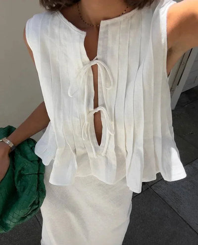 Fashion Bow Lace Up Shirts Women Cotton Linen Hollow Out Sleeveless Pleated Blouses Woman 2025 Summer New Casual Lady White Tops