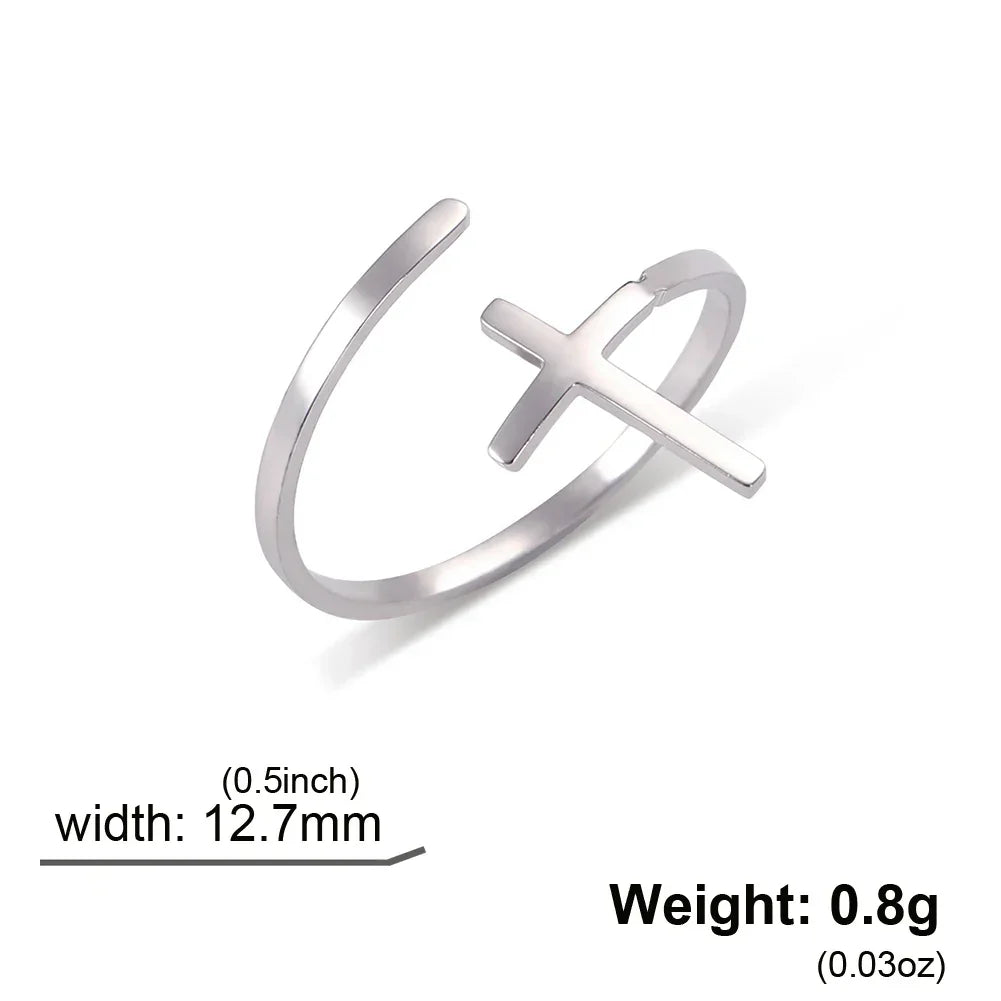 Cazador Christian Cross Open Rings for Women Stainless Steel Christian Jewelry Adjustable Finger Rings Birthday Valentine Gift