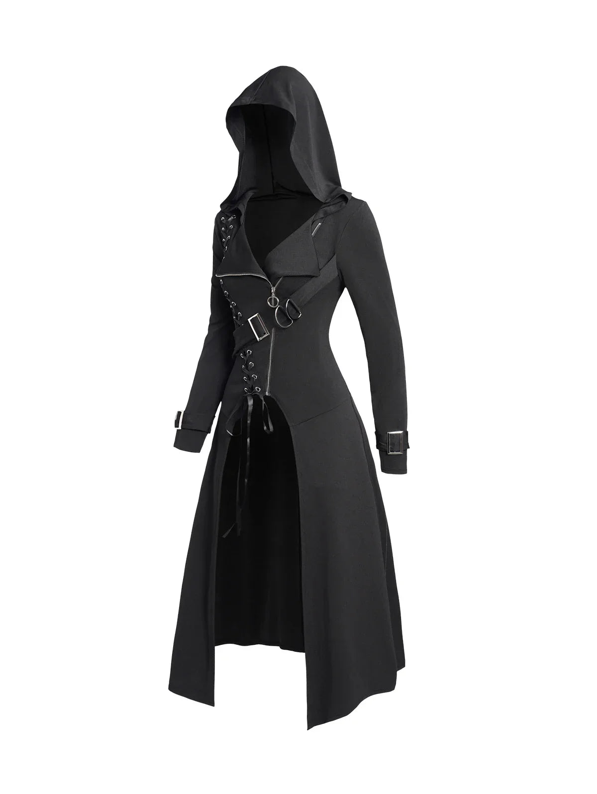Dressfo 2024 New Women's Coats Punk Gothic Hooded Coat Plain Color Lace Up Zip Coat Black Tops Trench Coat Gabardina