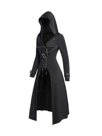 Dressfo 2024 New Women's Coats Punk Gothic Hooded Coat Plain Color Lace Up Zip Coat Black Tops Trench Coat Gabardina