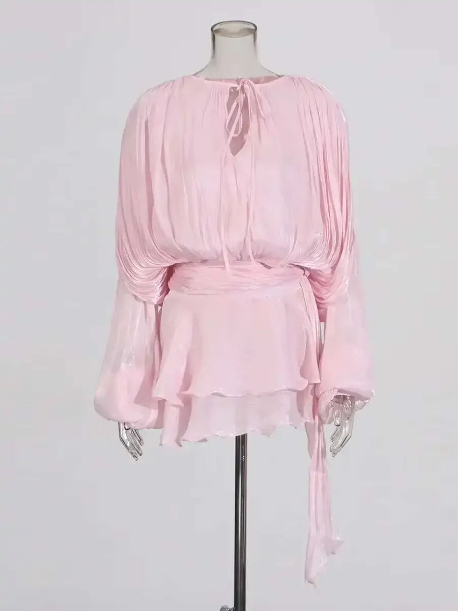 TWOTWINSTYLE Solid Blouse Mini Dresses For Women V Neck Long Sleeve Spliced Lace Up Sweet Style Dress Female Clothing Fashion