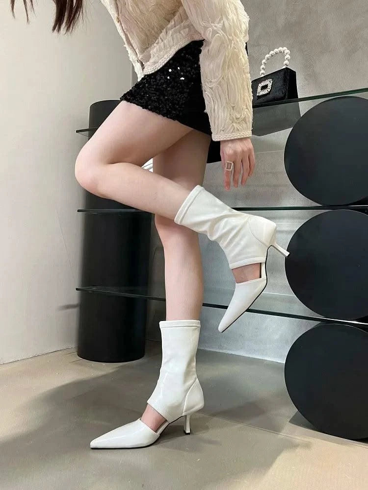 Eilyken Spring Autumn Soft Leather Short Ankle Boots Women Fashion Hollow Out Ladies Sandal Pointed Toe Thin Low Heel Shoes