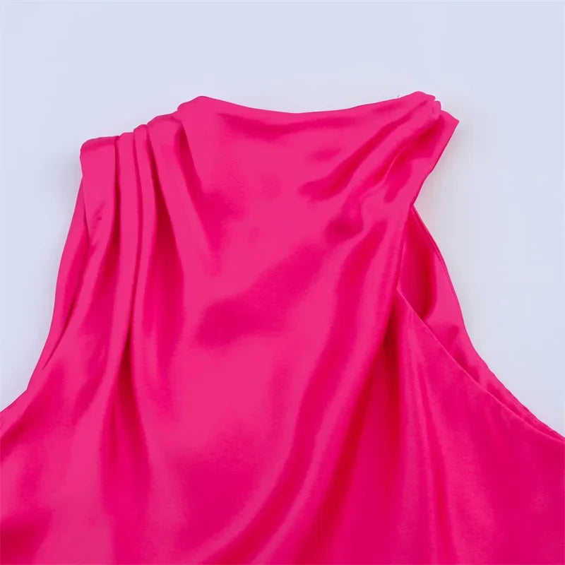 Women's Dress New Summer 2025 Rose Red Silk Satin Textured Sleeveless Midi Dress Asymmetrical Design Elegant temperament
