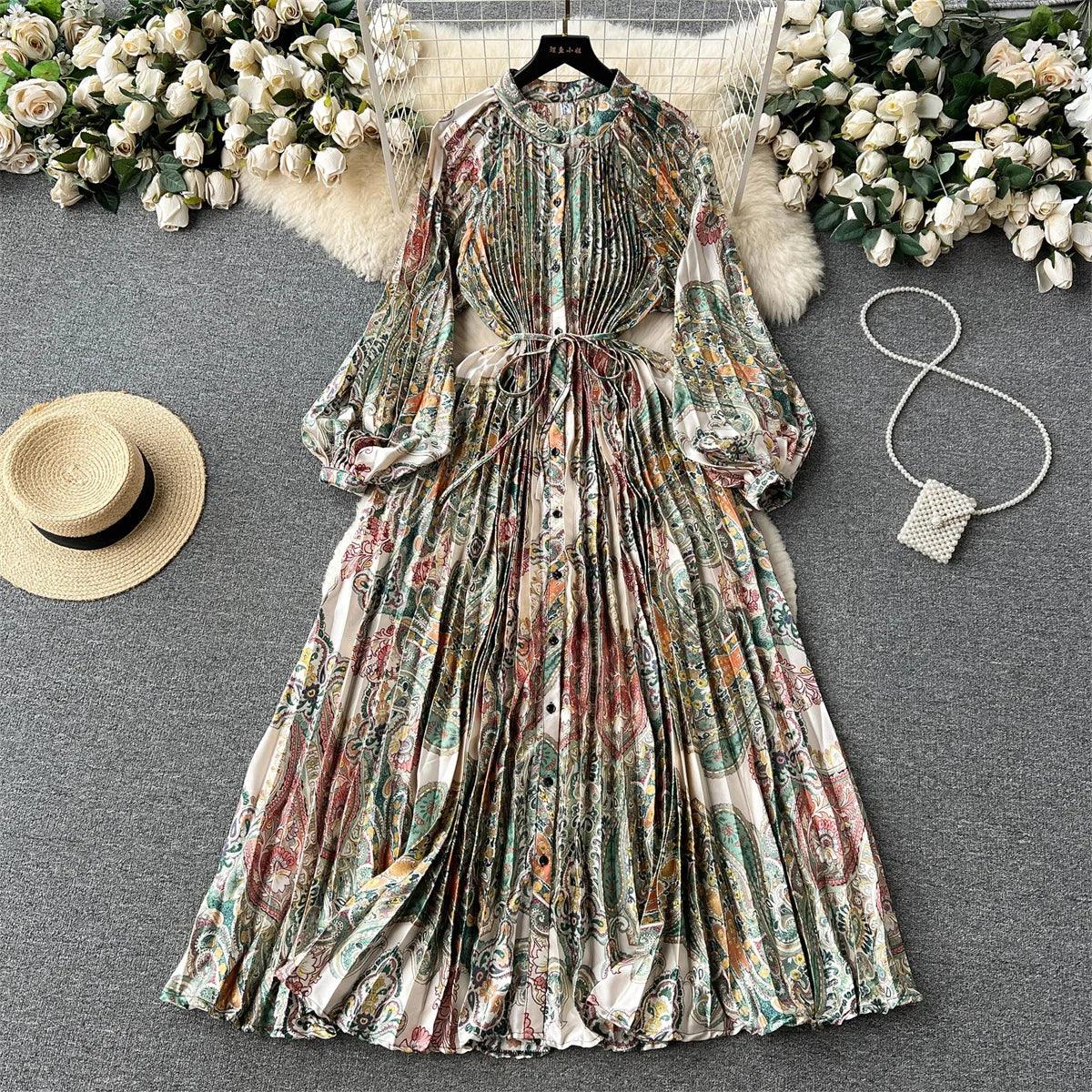 Retro Print Elegant Pleated Lantern Long Sleeve O Neck Single Breasted Dress A-line  Casual High Waist Women Summer Dresses