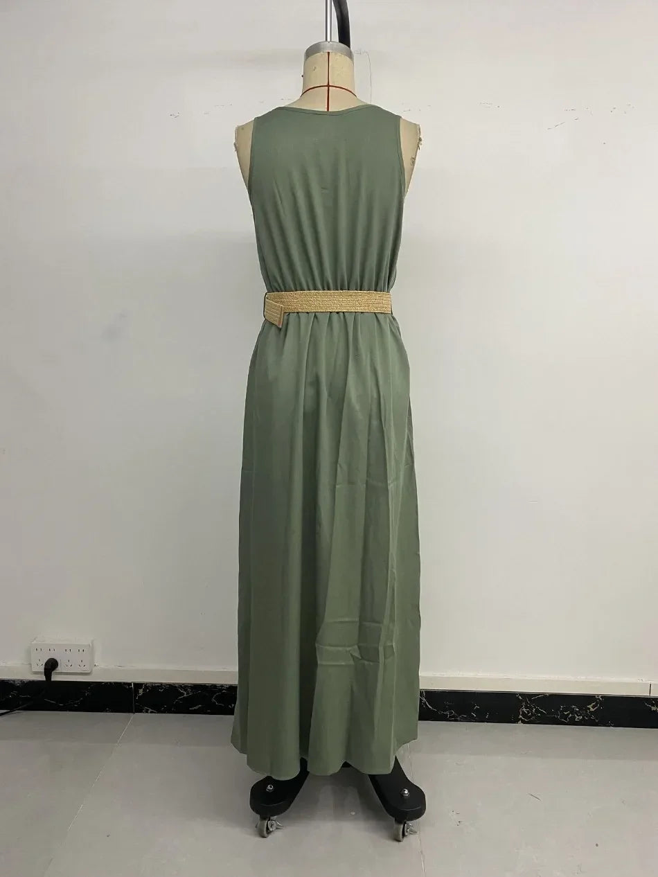 New European and American Dress for Women Clothing Leisure Vacation Simple Split Fork Solid Sleeveless V-neck Dress with Belt