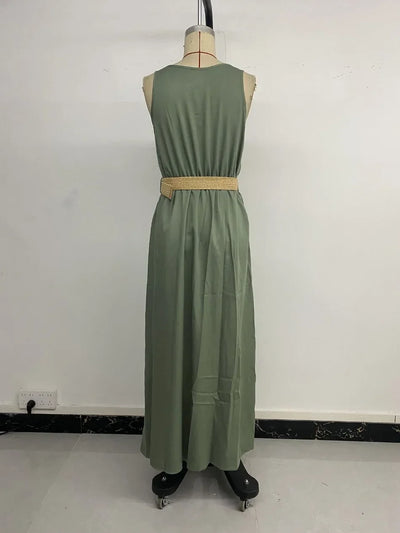 New European and American Dress for Women Clothing Leisure Vacation Simple Split Fork Solid Sleeveless V-neck Dress with Belt
