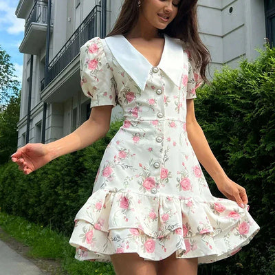 Floral Ruffles Women Dress French V Neck Puff Sleeve Summer Slim Sweet Mini Dress Fresh Chic High Waist A Line Elegant New Dress
