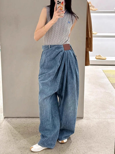 American Wide Leg Denim Pants For Women In Spring And Autumn Fashionable Pleated Design Loose Floor Length Pants