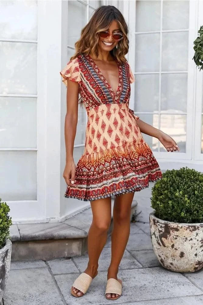 Elegant Women's Dresses Summer Bohemian Dress Vestidos Curtos Mujer Kadın Elbisesi Yazlık Kısa Elbiseler Midi Elbiseler Robe Ete