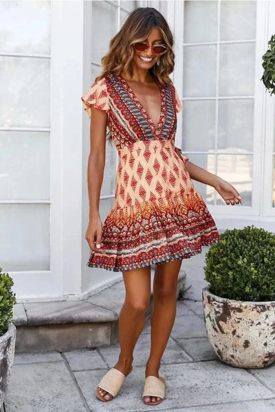 Elegant Women's Dresses Summer Bohemian Dress Vestidos Curtos Mujer Kadın Elbisesi Yazlık Kısa Elbiseler Midi Elbiseler Robe Ete