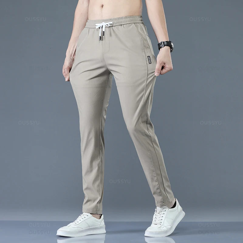 2025 Men's Trousers Spring Summer New Thin Green Solid Color Fashion Pocket Applique Full Length Casual Work Pants Pantalon