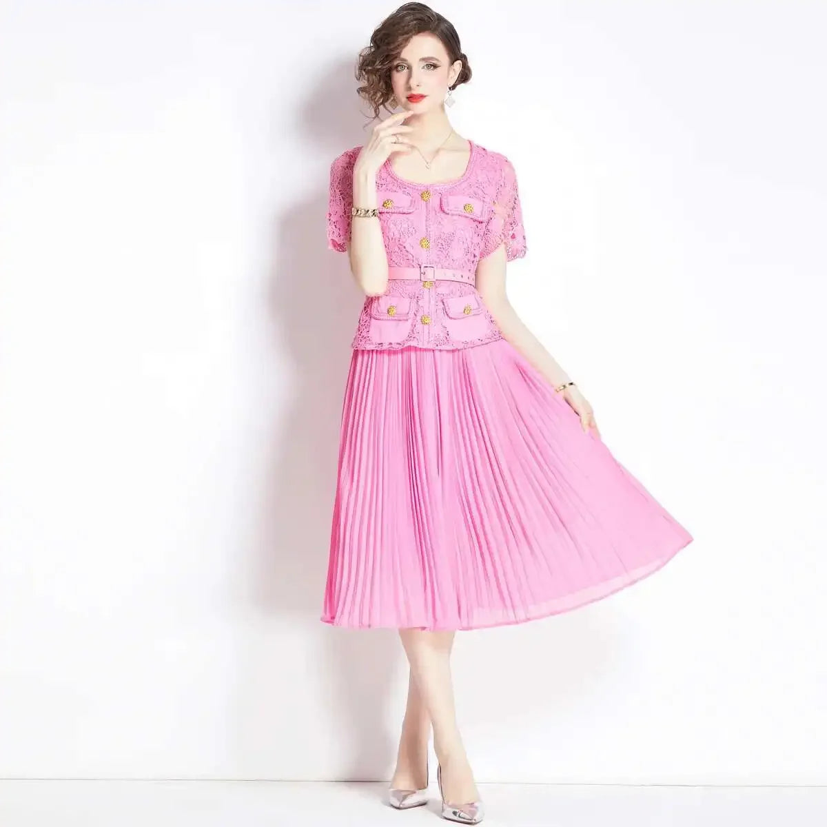 Luxury Evening Dress Women Summer Vacation Short Sleeve Pleated Lace Chiffon Long Dresses White Single Breasted Midi Party Robe