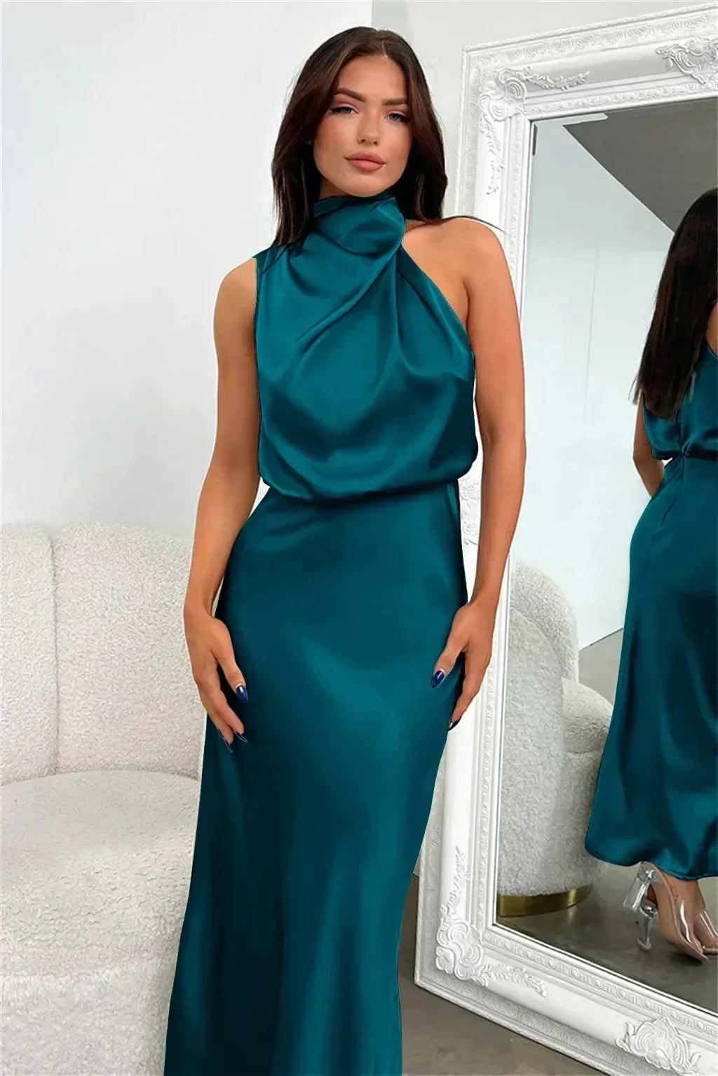2025 Spring/Summer Long Dress for Women High Waist Halter Satin Sleeveless Dress Fashion Elegant Solid Evening Party Dresses