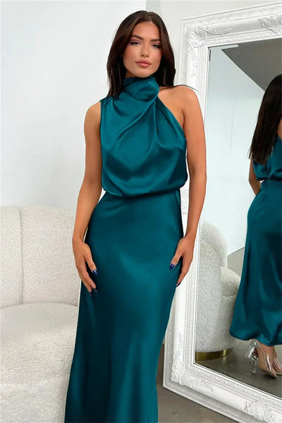2025 Spring/Summer Long Dress for Women High Waist Halter Satin Sleeveless Dress Fashion Elegant Solid Evening Party Dresses