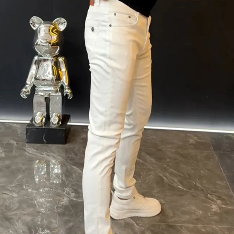 European Fashion White Jeans Men 2024 Summer Solid Color Streetwear Biker Elastic Skinny Zips Simple Cacual Long Denim Trousers