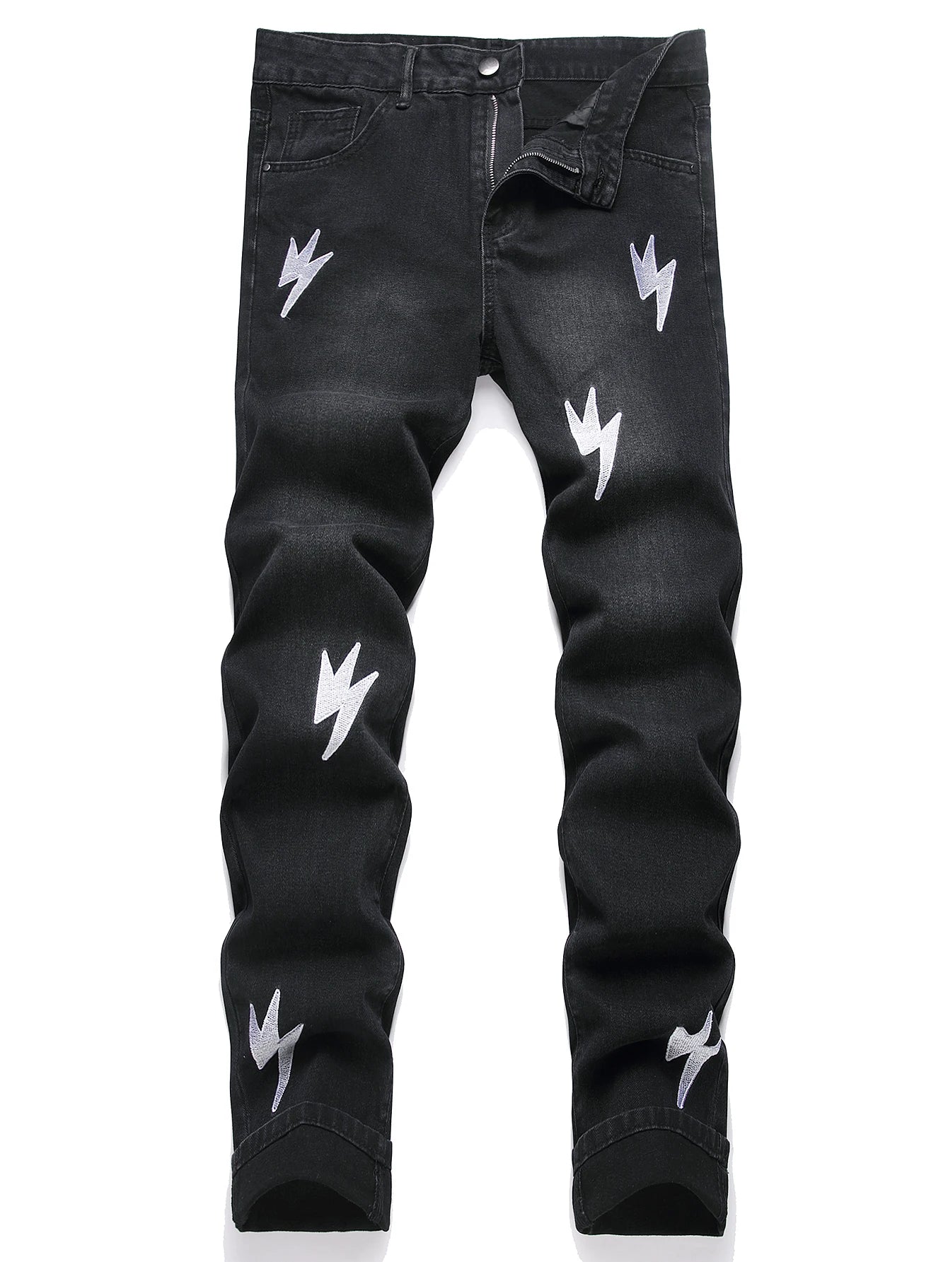 Men's Jeans Black High Street Fashion Embroidered Straight Leg Mid Rise Casual Denim Pants for All Seasons