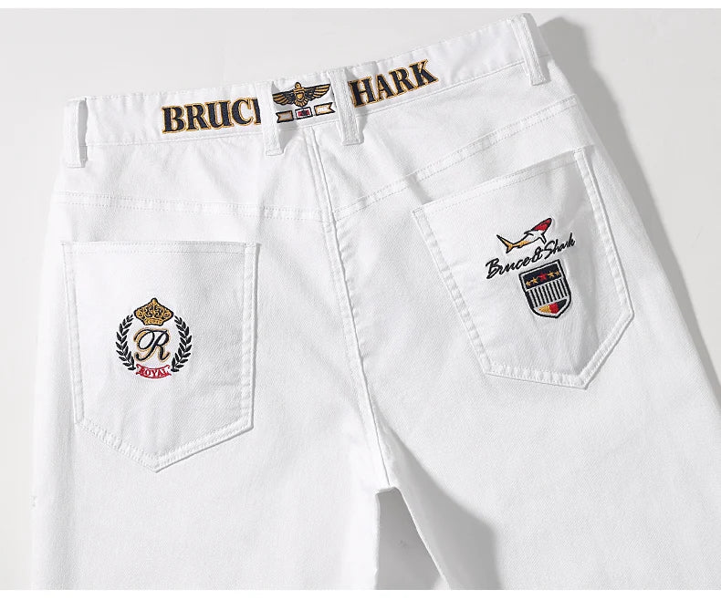 2024 New Summer White Jeans for Men Bruce&Shark  Designer Luxury Men's Jeans Loose Fit Stretch Cotton Casual Fashion Big Size 42