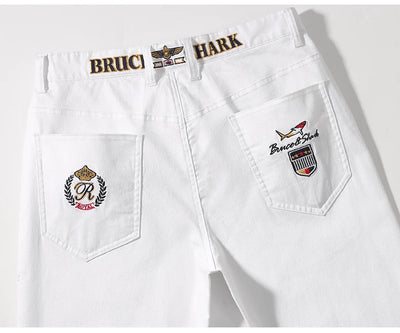 2024 New Summer White Jeans for Men Bruce&Shark  Designer Luxury Men's Jeans Loose Fit Stretch Cotton Casual Fashion Big Size 42