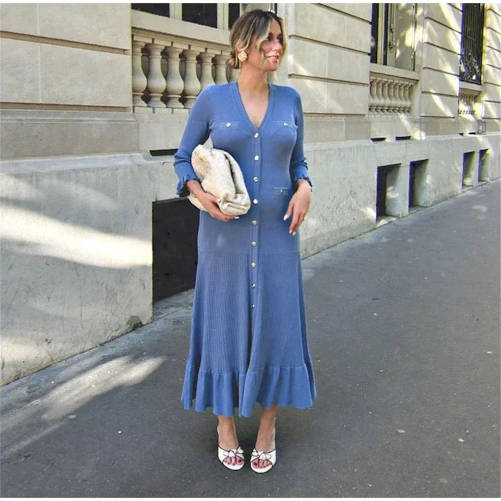 Ruffles Hem Knitted Dress For Women Elegant V Neck Long Sleeve Single Breasted Loose Vestidos Fashion Office Lady Knit Robe