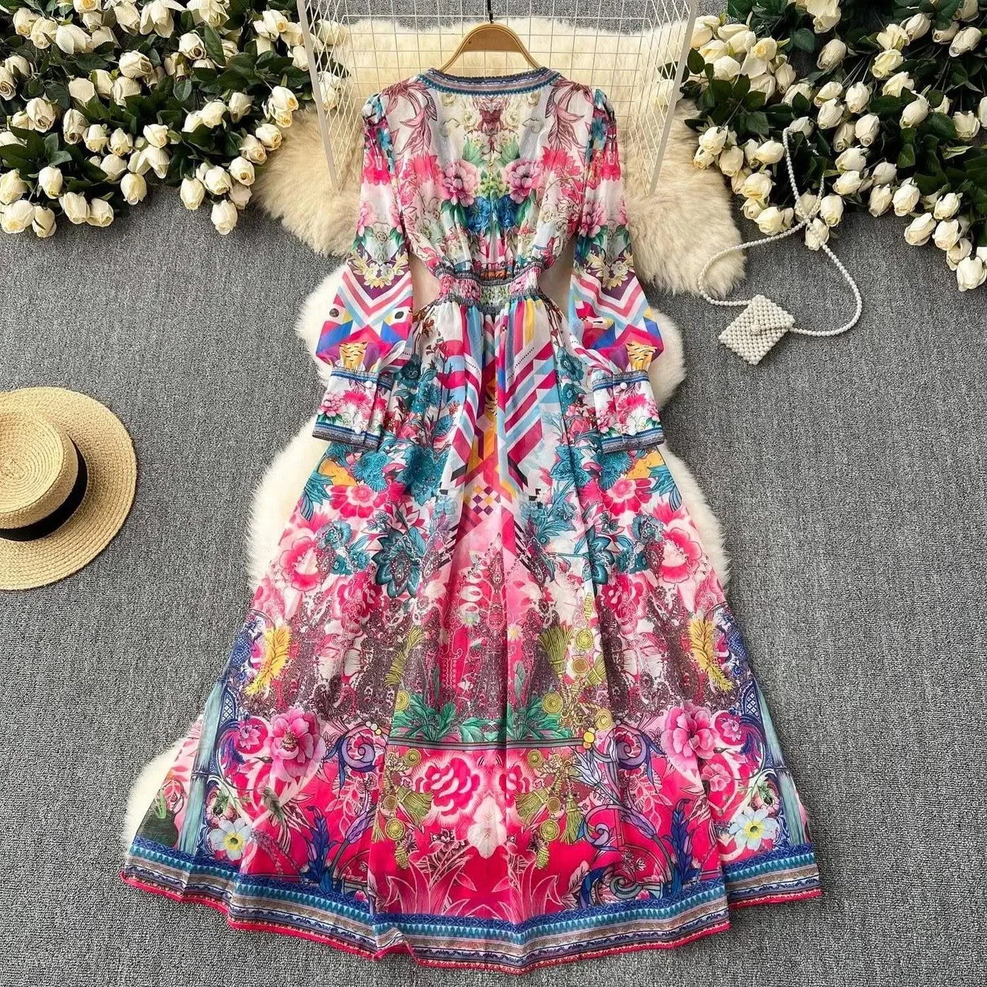Summer Gorgeous Flower Dress Women Chiffon Clothing Sexy Deep V Neck Single Breasted Floral Print Beach Boho Long Robe Vestidos