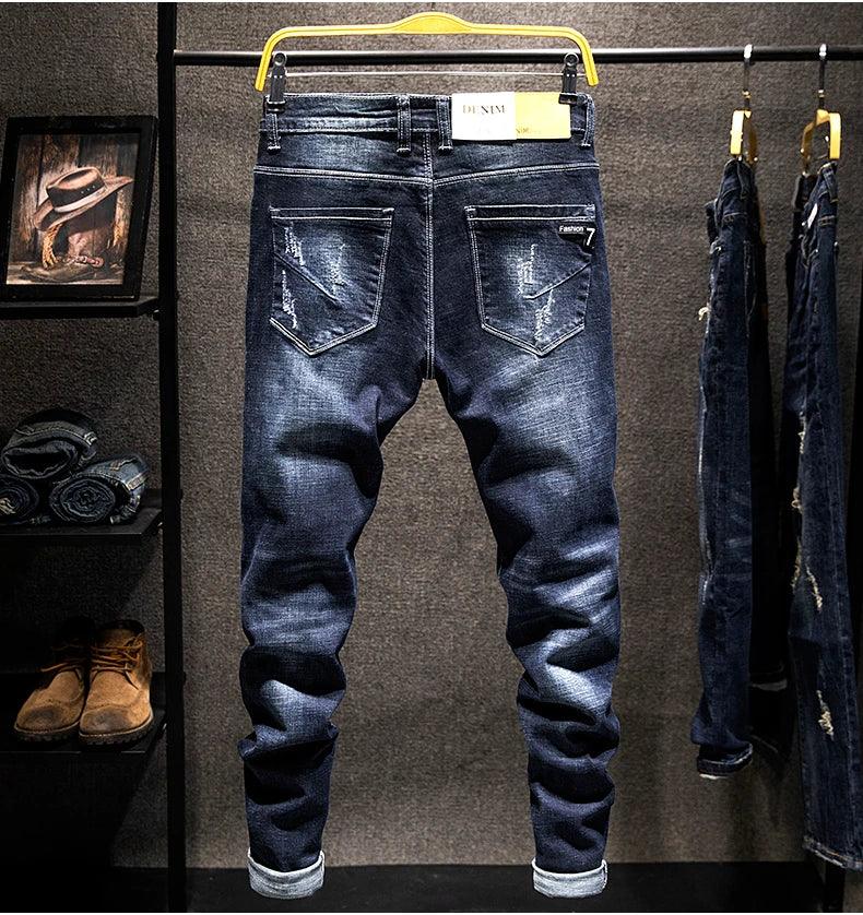 2025 New Ripped Jeans Men Slim-fit Denim Pants Cotton Korean Style Fashion Elasticity Versatile Blue Black Men's Clothing - Elanique