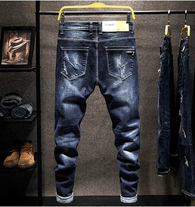 2025 New Ripped Jeans Men Slim-fit Denim Pants Cotton Korean Style Fashion Elasticity Versatile Blue Black Men's Clothing - Elanique
