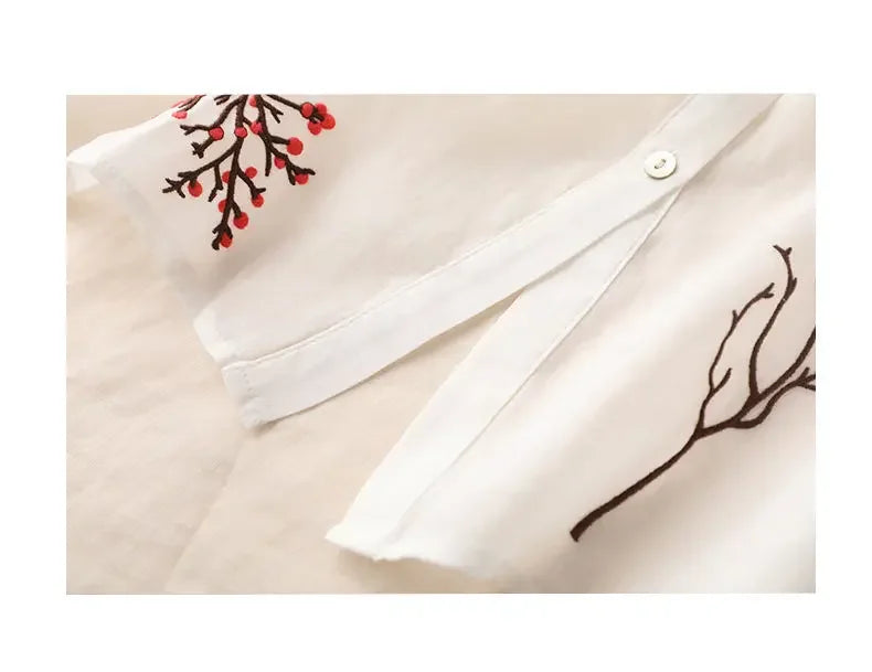 Summer Seven Point Cotton Linen Embroidered Shirt for Women 2024 New Literary Loose Temperament Lapel Casual Top for Women