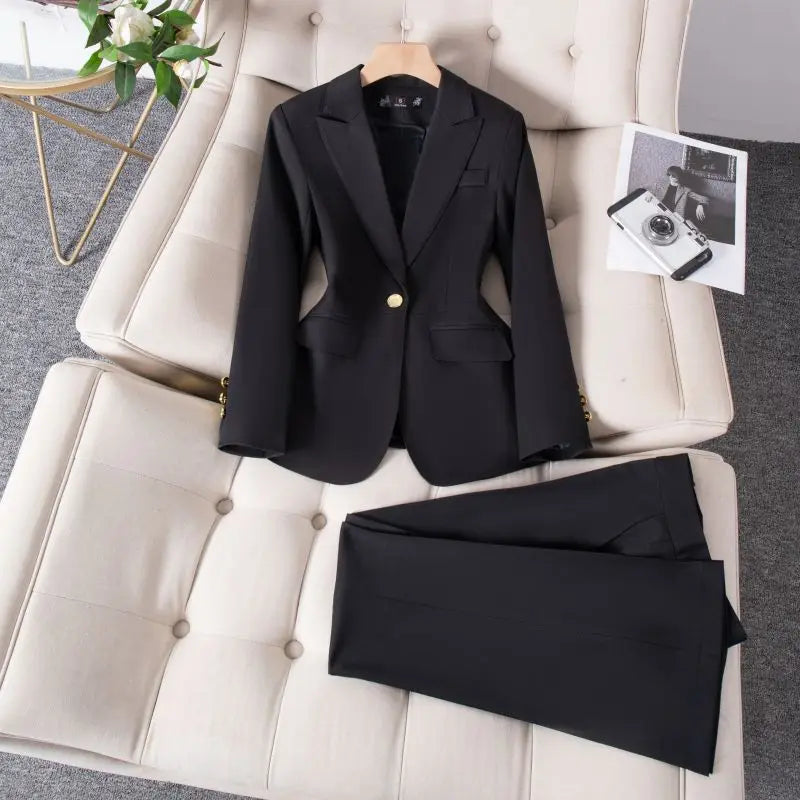 Women's Winter Retro Casual Short Blazer Coat Wide Leg Pants Set Commuting Solid Color Waist Closing Suit Pants Two-piece Set