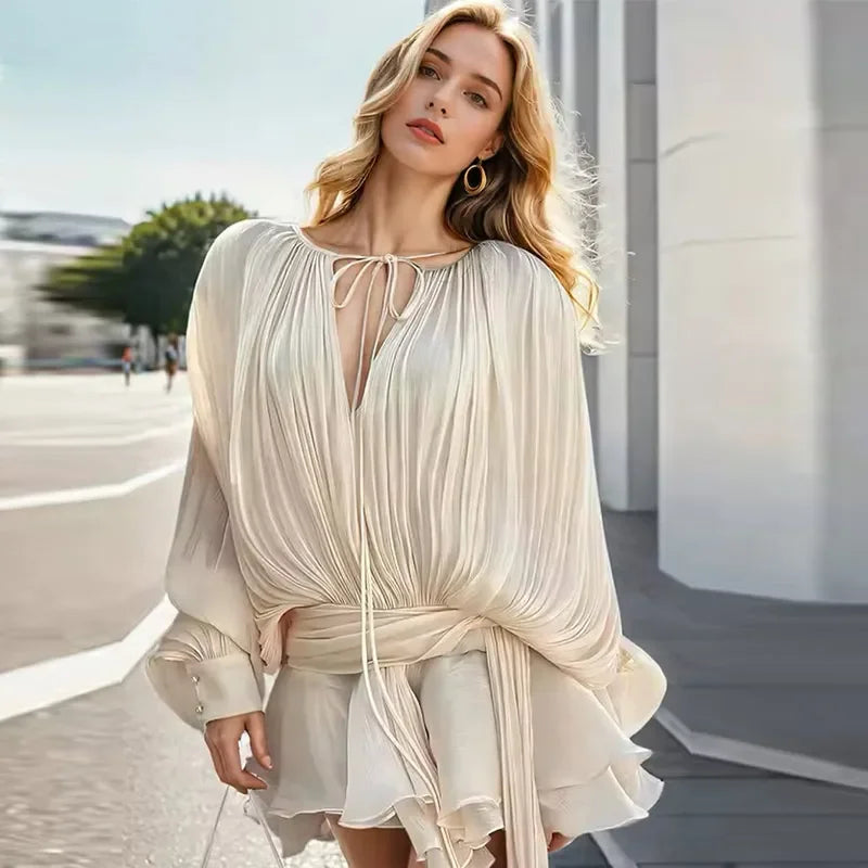 Ruffles Mini Dress Women Lace Up  V Neck Long Sleeve Pleated Female Dresses 2025 Elegant Summer Autumn Street Loose Ladies Robes