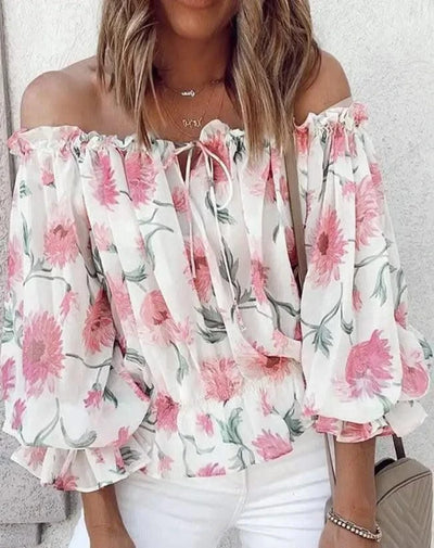 Women's Off Shoulder Chiffon Floral Print Balloon Sleeve Top