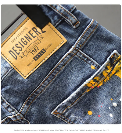 Men Fashion Denim Shorts Jeans New Summer Male Blue Ripped Jeans Shorts High Quality Man Paint Splash Technology Denim Shorts