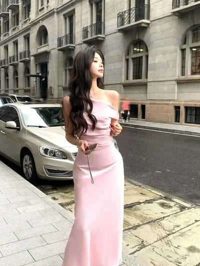 Satin Sexy Off Shoulder Dress Women Pink Skinny Elegant Soft Dress Classic Fashion Party Evening Gown Sleeveless Lady Vestidos