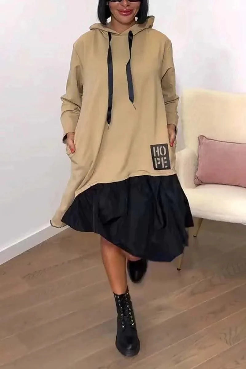 New Hooded Sweatshirt Dress For Women 2025 Spring Long-sleeved Printed Patchwork Dress Casual Loose Lace Up Long Dress Black