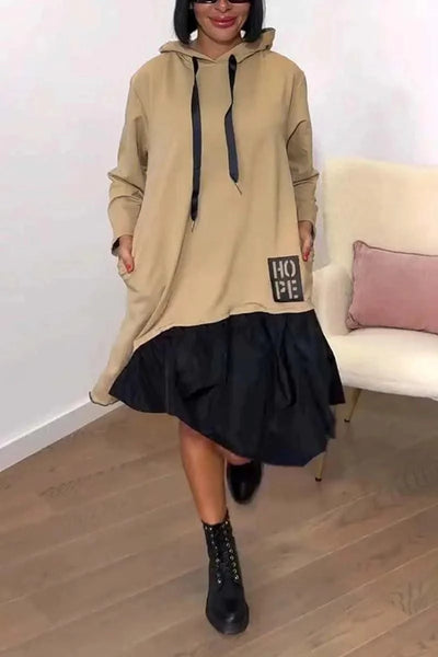 New Hooded Sweatshirt Dress For Women 2025 Spring Long-sleeved Printed Patchwork Dress Casual Loose Lace Up Long Dress Black