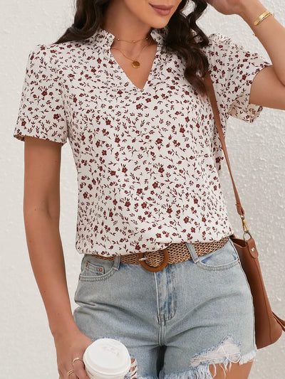 Ladies Ditsy Floral Frill Trim Notch Neck Puff Sleeve Blouse Women Tops Shirts