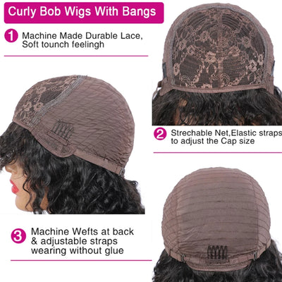 Curly Human Hair Wigs For Women 100% Human Hair Bob Wig Kinky Curly Wig With Bangs Perruque Cheveux Humain Full Machine Made Wig