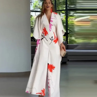 Jumpsuits for Woman Summer Printing Three Quarter Sleeves V Neck Jumpsuits Fashionable Casual Loose Women's Wide-leg Jumpsuit