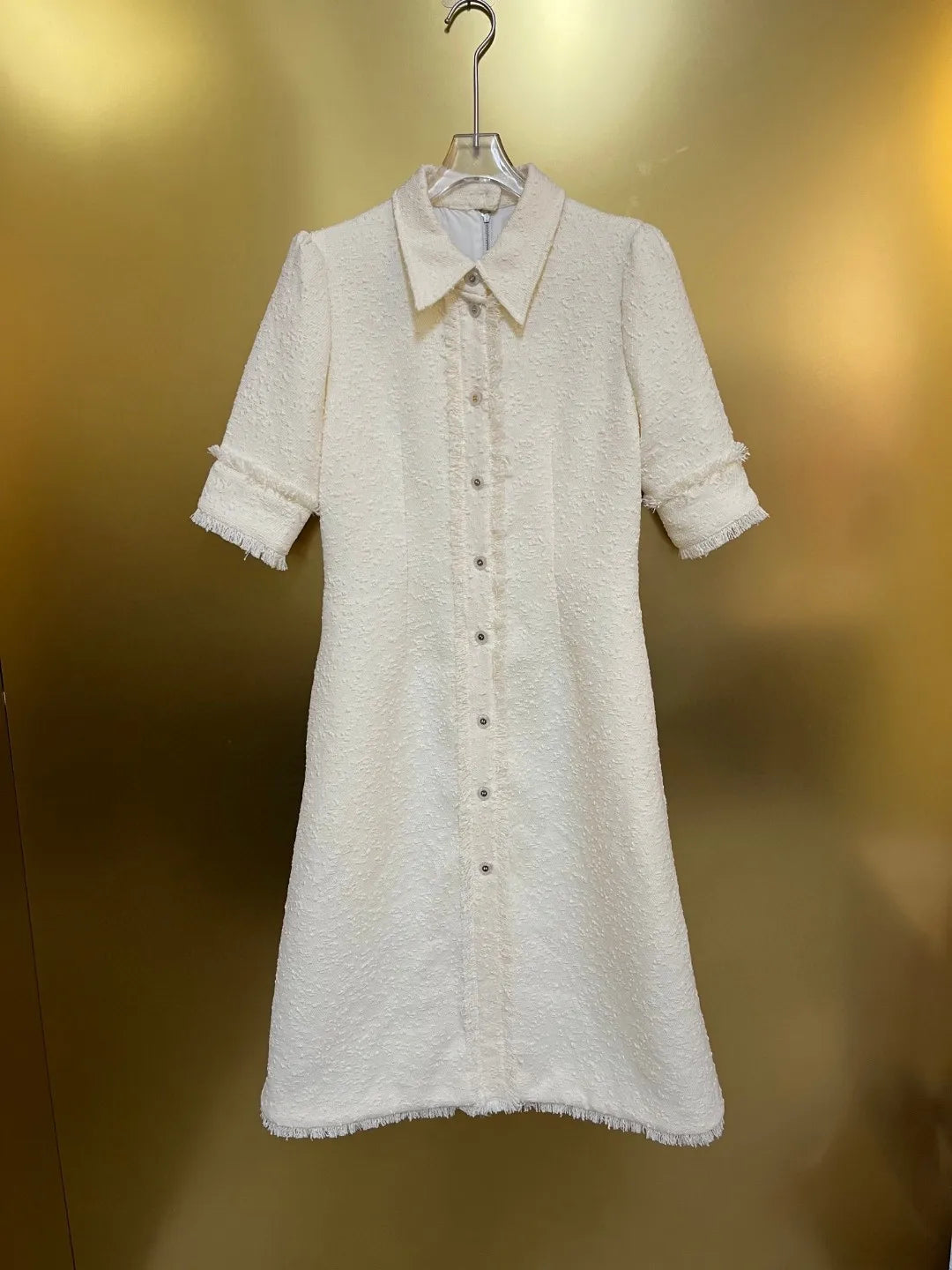 HIGH QUALITY Luxury Designer Autumn Women Cotton Blend  Elegant Tweed Shirt Midi Dress Short Sleeve In White Runway Fashion 2024
