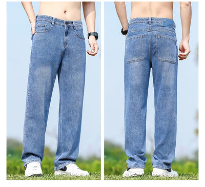Men's Straight-Leg Jeans, Minimalist for All Seasons, Loose with Drape, Narrow-Wide Leg, Retro Casual Long Pants, Sizes 28-38