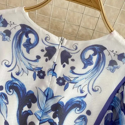 Women Maxi Chiffon Dress Summer Bohemian Rabbits Flower Porcelain Print Clothing Floor Length Flare Sleeve Long Vestidos