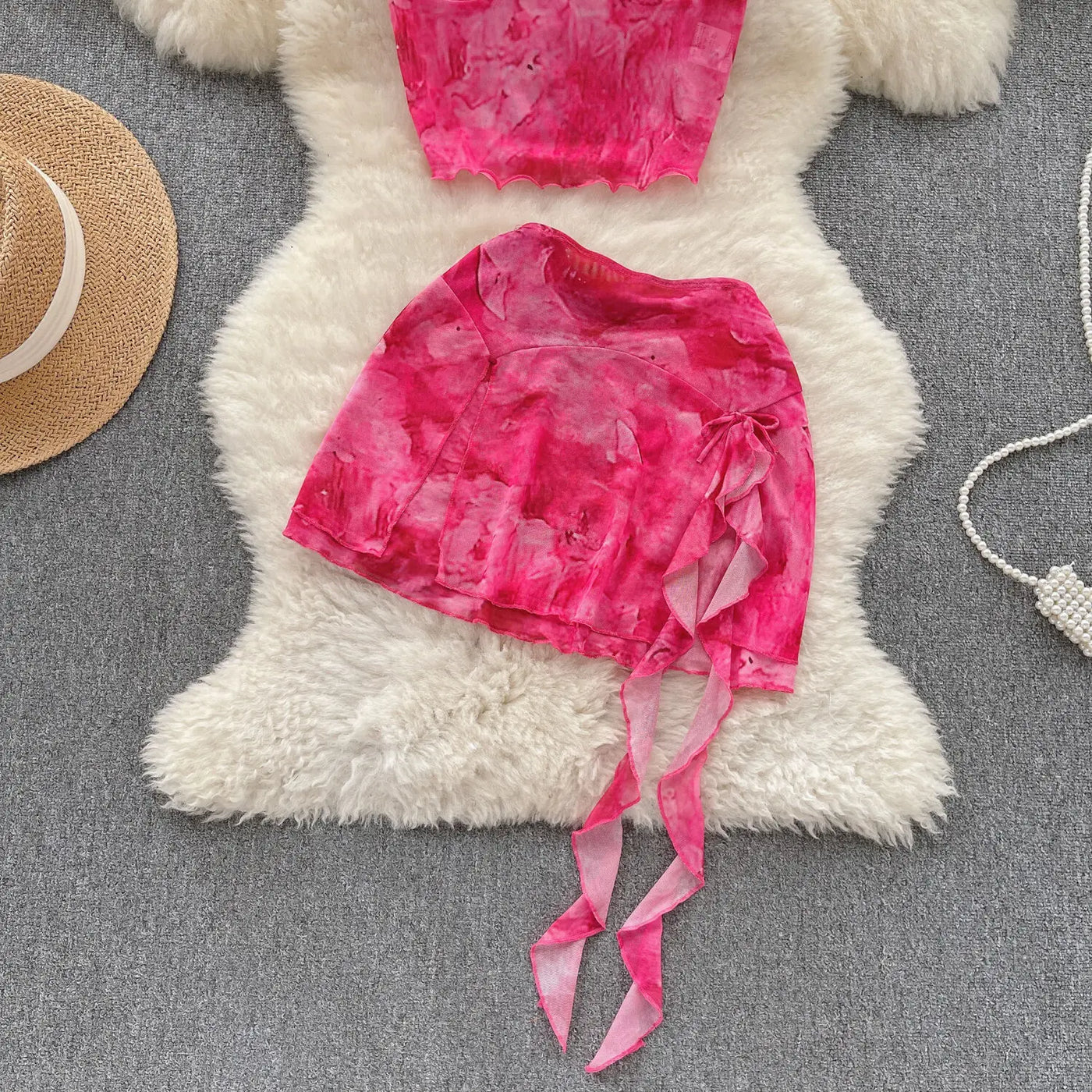 Women's Summer Sexy 2 Pieces Set New Chic Printed Spaghetti Strap Sleeveless Crop Top and Elastic Waist Ruffles Mini Skirt Suits