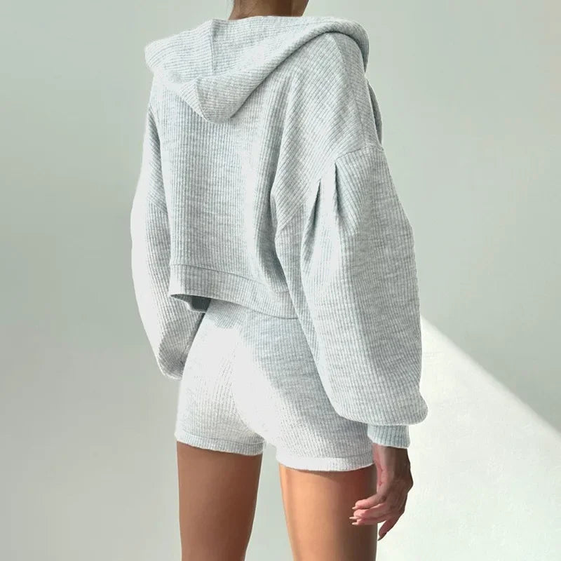 Solid Sport 3 Piece Set Crop Vest Hoodie Tracksuit Women Casual Sweatshirt Coat Mini Short Matching Set Sportswear 3 PCS Outfit