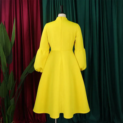 Elegant Dresses for Women Bow Collar Full Sleeve High Waisted Pleated Mid Calf Luxury Birthday Party Dinner Vestidos Mujer Dress
