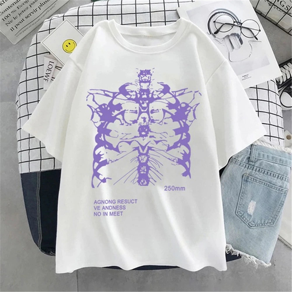 Oversized T-shirt Women Female T-shirt Dark Skull Bones Heart and Lung Print Short Sleeve Streetwear Harajuku Top Woman Clothes
