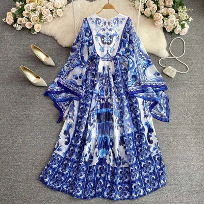 Women Maxi Chiffon Dress Summer Bohemian Rabbits Flower Porcelain Print Clothing Floor Length Flare Sleeve Long Vestidos