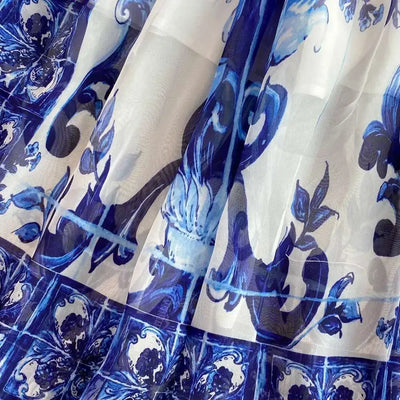 Women Maxi Chiffon Dress Summer Bohemian Rabbits Flower Porcelain Print Clothing Floor Length Flare Sleeve Long Vestidos