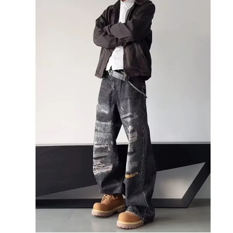High Street Men's Jeans Trendy Printed Pattern Washed Worn-out Straight Leg Jeans American Style Male Denim Pants Black Jeans