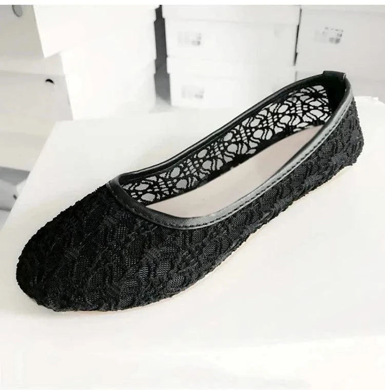Women Fashion Lace Slip On Cut Outs Bow Ballet Breathable Flats Shoes