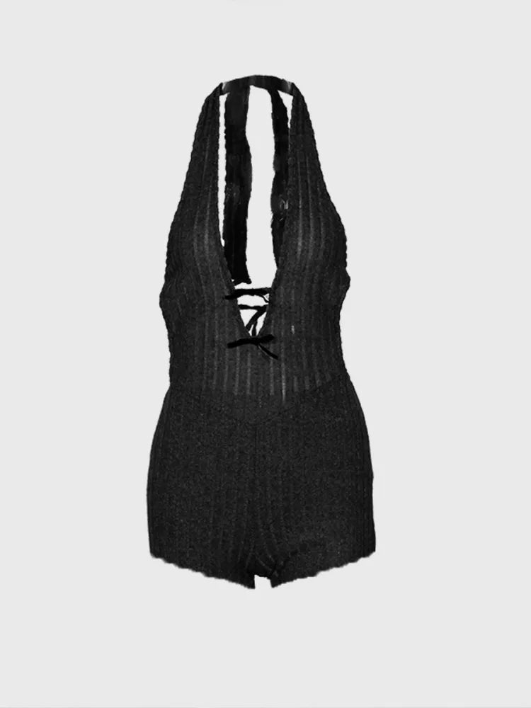 Joskaa Knitted Halter Backless Jumpsuit Women Sexy Deep V-Neck Bow Sleeveless Skinny Overalls 2025 Fitness Sportswear Clubwear