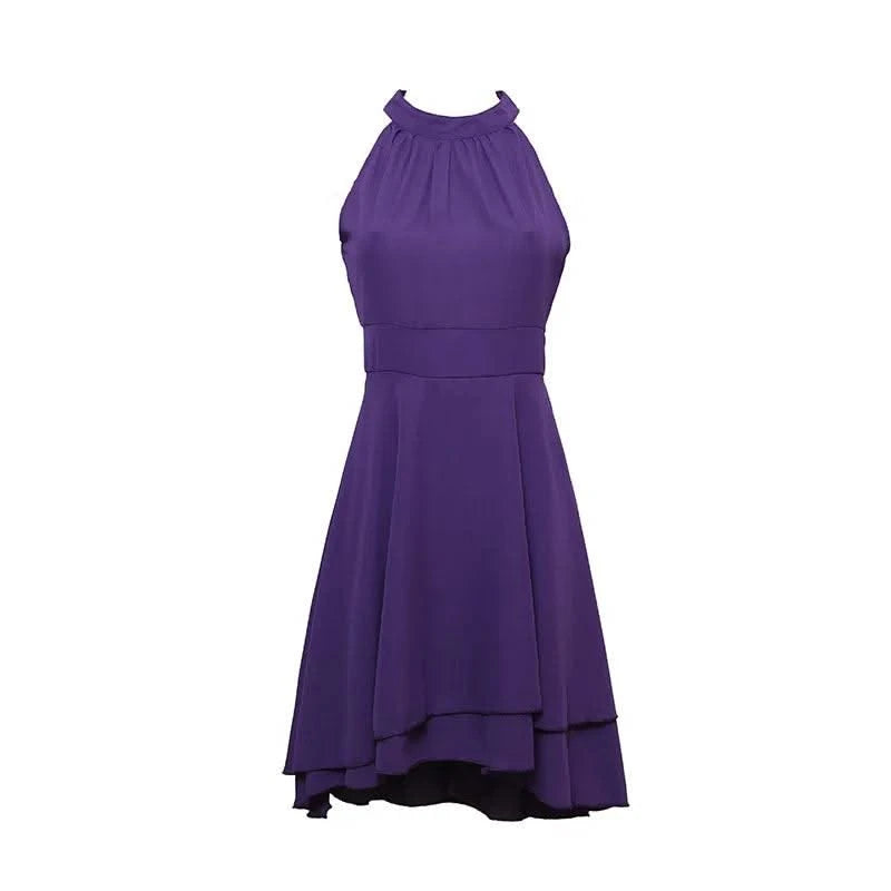 Women Elegant Dress Summer Solid High Waist Halter Sleeveless Midi Dresses Ladies Cropped Layered Chiffon Party Slim Dresses